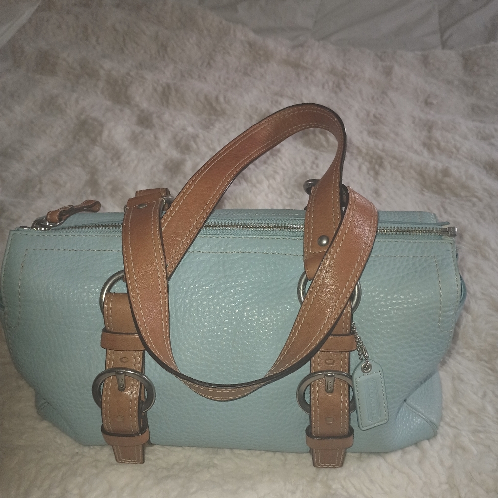 Stylish Blue and Tan Leather Satchel